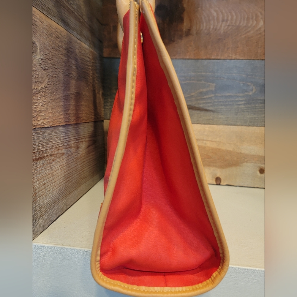 Tory Burch Red and Tan Vegan Leather Ella Tote Bag with Signature Medallion - Picture 7 of 12